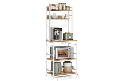 VASAGLE Standregal mit Steckdosen und 14 Haken - Küchenregal mit 4 Steckdosen für gleichzeitiges Laden mehrerer Geräte, verstellbare Ablage und stilvolles Design - ideal für Ordnung in Ihrer Küche!