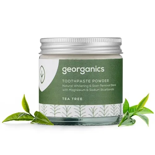 Georganics - Bio-Zahnpulver für Weiße Zähne - Hellt auf Natürliche Weise die Zähne auf & Entfernt Flecken mit Magnesium & Natron - Vegan, ohne SLS, Tierversuche und Fluorid - Teebaumöl - 60ml