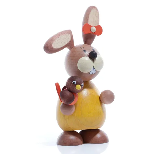 Osterartikel Osterhäsin mit Vogel - Bunte Osterdeko - Figuren, Skulpturen & Statuen - Handgefertigte Osterhasenfigur aus Holz, ideal für eine fröhliche Osterdekoration in jedem Zuhause.