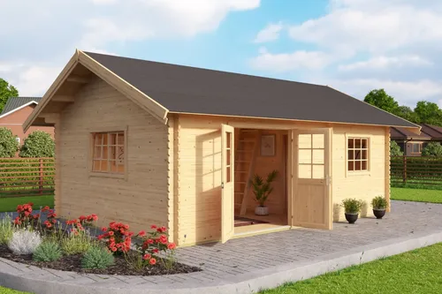 Gartenhaus Blockhaus CAROLINE SILBER 40 mm - Gartenhaus mit Schlafboden, naturbelassenem Holz und einfacher Montage. Ideal für Gartenliebhaber, die zusätzlichen Stauraum und einen Rückzugsort suchen.