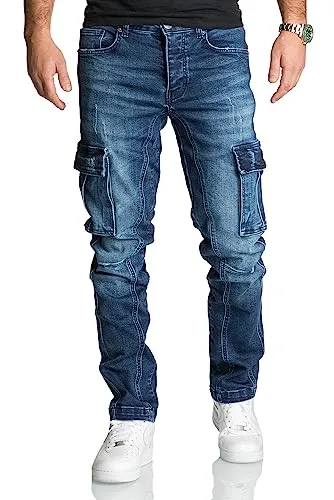 REPUBLIX Herren Cargo Jeans Regular Slim Denim Hose Destroyed R7977 Dunkelblau W30/L32