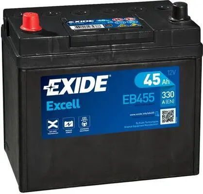 Exide Excell EB455 45Ah Autobatterie - wartungsfrei und einbaufertig - Autobatterien mit 45 Ah Kapazität, bietet hohe Startkraft und ist ideal für zuverlässige Fahrzeugleistung.