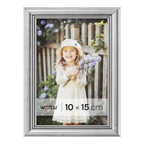 WOLTU Bilderrahmen 10x15, Fotorahmen aus Massivholz und PS-Platte, Holzrahmen mit Passepartout, zum vertikalen oder horizontalen Aufhängen/Aufstellen, Posterrahmen Collage Wanddeko, Silber