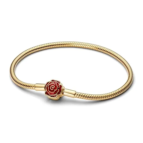 PANDORA Moments Disney Die Schöne und das Biest Magische Rose Schlangen-Gliederarmband mit 14K vergoldeter Metalllegierung, Kompatibel Moments, Größe: 19cm, 564019C01-19