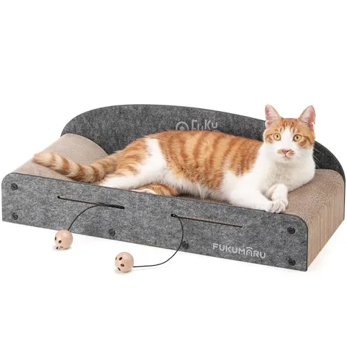 FUKUMARU Kratzbrett Katzen, 66CM langlebiges Kratzpappe und Filz, große Liege, 2 wendbare Katzenkratzpads für Katzen, recycelbares Katzenkratzbett aus Wellpappe mit Glockenballspielzeug, grau
