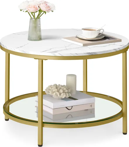 VASAGLE Couchtisch, Ø 65/80 x 46cm, Marmoroptik in gold von VASAGLE