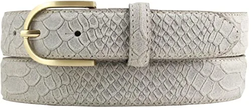 BELTINGER Damen-Gürtel mit Pythonprägung und goldener Gürtelschnalle 3 cm | Leder-Gürtel für Damen 30mm Schlangen-Optik | Schlangen-Muster | Hellgrau 115cm