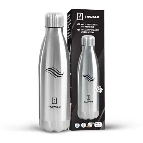 TAVIALO Premium Edelstahl Trinkflasche 0,5L – Isolierflasche 0,5L/0,75L/1L, BPA-frei, Kohlensäure-geeignet, Doppelwand, hält Getränke 24h kalt & 12h heiß – für Sport, Reisen & Outdoor (Silber/Metal)