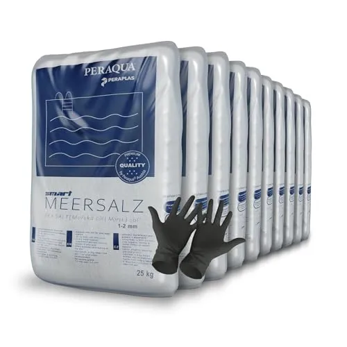 Peraplas Poolsalz 250 kg - Chlorersatz aus 99,9 % reinem Meersalz, ideal für Salzelektrolyse und Chlorinatoren. Hautfreundlich und einfach anzuwenden, inkl. 1 Paar ARNOMED Einweghandschuh.