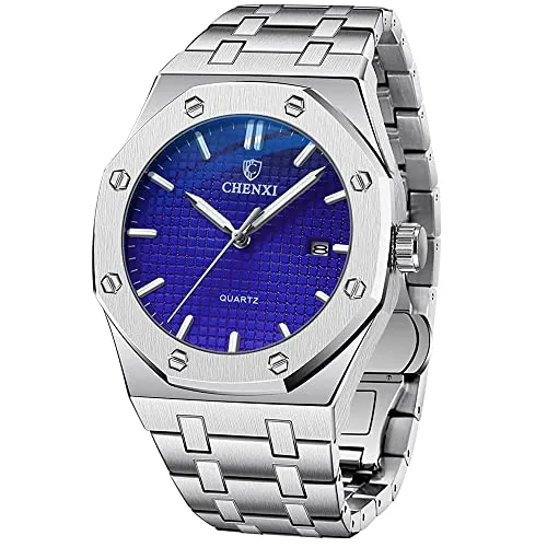 Tiong Herren Uhr Metallarmband Wasserdicht Edelstahl Analoger Quarzuhr Date Armbanduhr Männer Zeiger Leuchtende,Vatertagsgeschenk