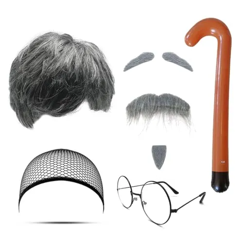 MIVAIUN 8 Stück Opa Kostüm Set - Großvater Perücke Mit Grauem Bart, Augenbrauen, Mütze, Brille, Aufblasbarer Spazierstock - Rentner Verkleidung für Cosplay Party (Set-B)