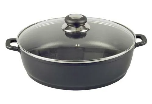 Krüger Servierpfanne DELTA 28 cm - Aluguss Pfanne für Induktionskochfelder, mit hitzebeständigem Glasdeckel und GREBLON® NewTec Antihaftbeschichtung für müheloses Kochen und einfache Reinigung.