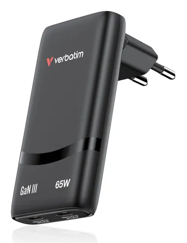 Verbatim GaN III Fold 'n' Go Charger 65W USB-C - USB Ladegeräte Steckernetzteil, kompakter 2-Port Charger mit 65W Leistung für schnelles Laden unterwegs