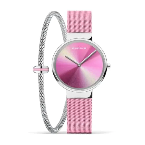 Bering Quarzuhr Classic - Stilvolle Armbanduhr mit multicolor Zifferblatt und pinkem Milanaise-Armband, wasserdicht bis 5 bar - ideal für jeden Anlass.