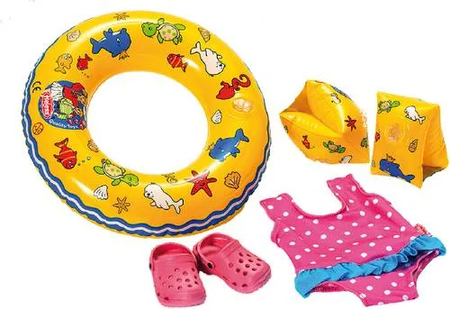 Vedes Puppen-Schwimmset mit Zubehör, Größe 35 - 45cm 88 - Puppenschwimmset für Puppen von 35-45 cm, inklusive Badeanzug, Clogs und Schwimmring für unvergessliche Wasserspaß-Momente.