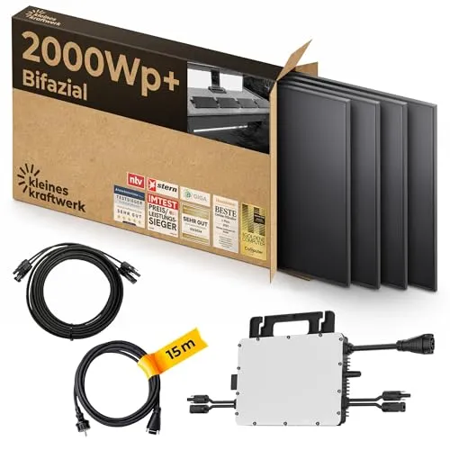 Kleines Kraftwerk 2000W Balkonkraftwerk XL – Komplettset mit 4 bifazialen Solarmodulen - ☀️ STARTE DEINE ENERGIEWENDE: Dieses kompakte Balkonkraftwerk bietet mit 4 x 500W Solarmodulen und einem 800W Wechselrichter eine effiziente Lösung für nachhaltige Energie. Ideal für Balkon und Flachdach!