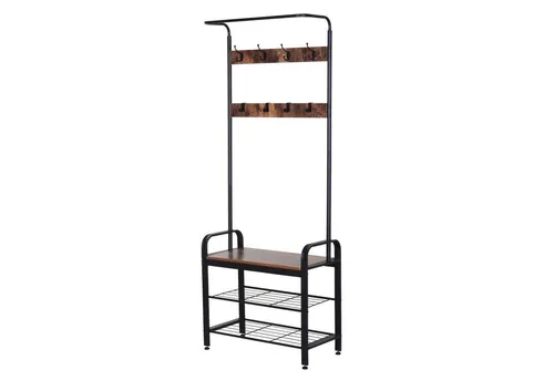 HOMCOM Garderobenständer mit Schuhregal und 8 Haken - Garderobenständer im eleganten Retro-Design mit 2 Ablagen für Schuhe und 8 Haken für Mäntel und Schals. Robuste Konstruktion mit stabilen Metallrohren und verstellbaren Füßen für perfekten Stand.