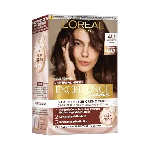 L'Oréal Paris Permanente Haarfarbe für jeden Hautton, Coloration ohne Ammoniak, Universale Nude-Töne mit vollständiger Grauhaarabdeckung, Excellence Creme, Nr. 4U Universelles Braun, 1 Stück