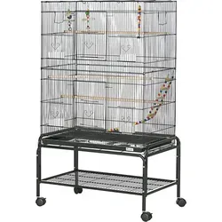 PawHut Vogelkäfig auf Rollen mit 4 Futternäpfen und 3 Sitzstangen 79 x 49 x 133 cm schwarz   Aosom