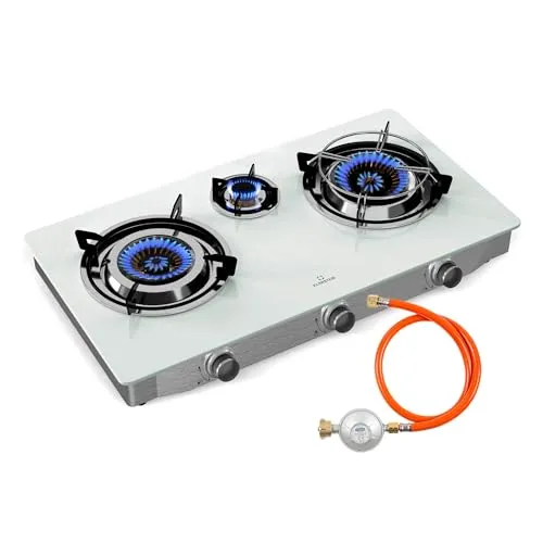 Klarstein Barzona Gaskochfeld 3-Brenner - Campingkocher mit 8,45 kW Leistung, ideal für schnelles Kochen unterwegs. Robustes Edelstahl- und Glasdesign mit sicherer Piezo-Zündung und Flammenausfallsicherung.