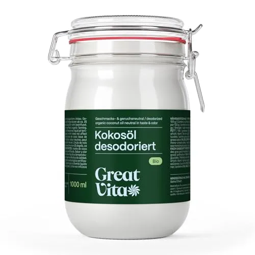 MeaVita Kokosöl, Geschmacksneutral (desodoriert), 1000 ml im Bügelglas zum Kochen Braten Backen