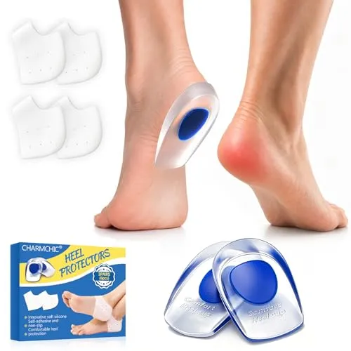 Fersenschutz Silikon Set mit Gel Fersenkissen & Heel Protector, Stoßdämpfende Fersensporn Einlagen für Damen & Herren, Weiche Gel Einlagen für Alltag Sport Arbeit & Lange Stehzeiten