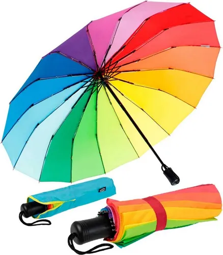 iX-brella Taschenschirm - Regenbogen 16-teilig mit Handöffner - Extravaganter Taschenschirm im Regenbogendesign mit 16 Speichen für hohe Stabilität und auffälligen Style. Ideal für jede Wetterlage und sorgt für gute Laune!