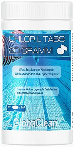 GlobaClean Chlortabs 20g langsamlöslich - 1kg - Langzeitdesinfektion für kleine Pools ab 2000l - Sehr hoher Aktivchlorgehalt
