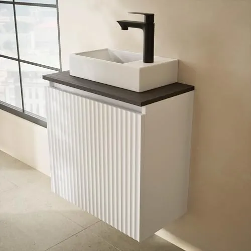 Planetmöbel Waschtisch 55 cm Weiß Matt – Modernes Badmöbel-Set - Eleganter Waschtisch für Gäste-WCs und kleine Bäder mit Soft-Close-Tür und praktischem Stauraum. Wählen Sie zwischen zwei stilvollen Waschtischplatten für eine individuelle Gestaltung.