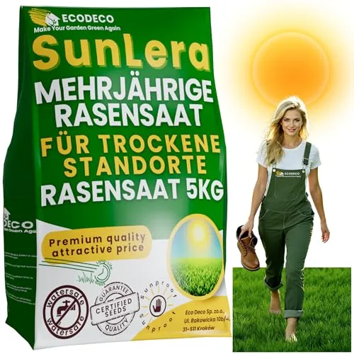 Rasensamen Trockenrasen Schnellkeimend 5 kg für 200 m² – Trockenresistenter Grassamen für Sonnige Flächen – Nachsaat im Frühling, Selbstregenerierend – Dürreresistenter Rasen