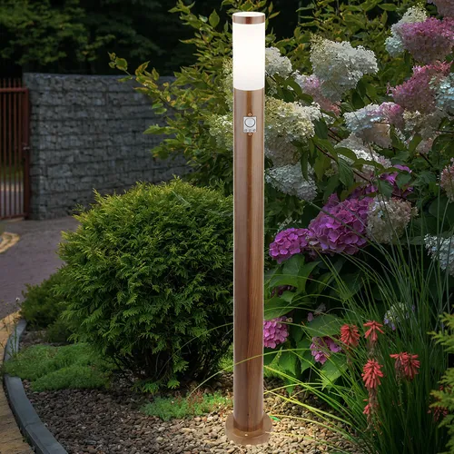 LED Pollerleuchte mit Bewegungsmelder - Gartenlampe in Holzoptik - Moderne Stehleuchte mit Bewegungsmelder, wetterfest (IP44) und individuell anpassbarem Licht. Ideal für Terrasse und Garten, sorgt für stilvolles Ambiente.