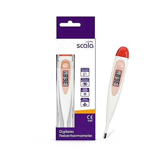 scala SC 17 Digitales Fieberthermometer – wasserdichtes Fiebermessgerät mit Signalton & Speicherfunktion – 60 Sek. Messzeit – starre Spitze – Rot, 1er Pack