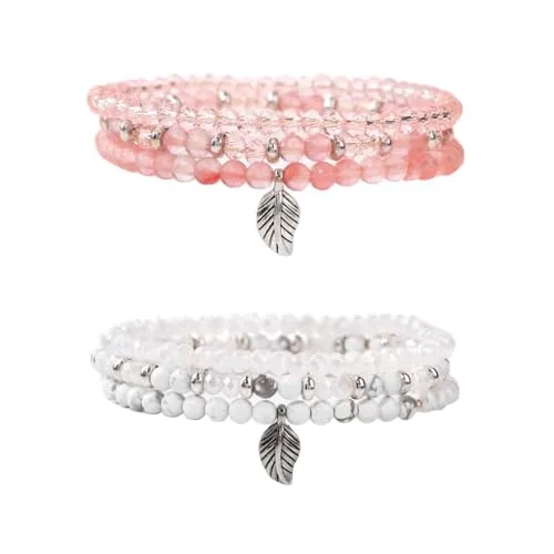 EHDWXVZM 2 Sätze Dreilagiger Armbänder, Damenmode-Schmuckarmbänder, Perlenarmbänder, Geburtstagsgeschenkarmbänder, Rosa Edelsteinarmbänder, Stapelbare Armbänder