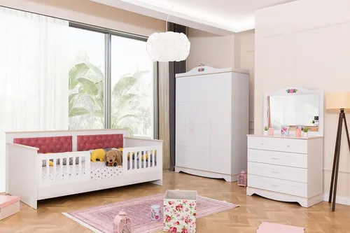 Weiße Kinderzimmer Möbel Garnitur – Bett, Schrank & Kommode