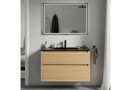 Bernstein Waschbeckenunterschrank VIREO 100cm Eiche honiggold mit schwarzem Keramik-Waschbecken - Moderner Waschtischunterschrank mit 2 Schubladen in Eiche honiggold. Ideal für Ihr Badezimmer, inklusive hochwertigem Keramik-Waschbecken und Montagematerial.