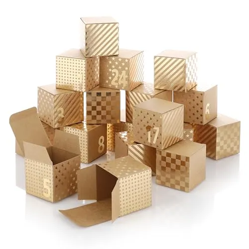 Nordstern Adventskalender Boxen zum Befüllen - 24 Goldene Geschenkboxen Schachteln und Zahlen Aufkleber - DIY Weihnachtskalender für Kinder, Frau und Mann