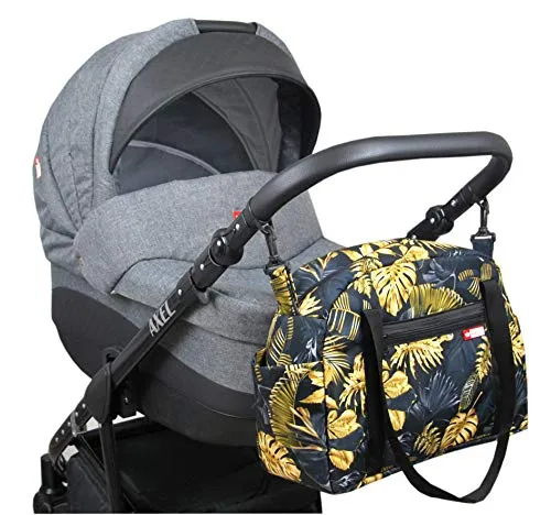 BabyLux Wickeltasche COLORFUL Kinderwagen Buggy Große Handtasche Babytasche mit Befestigung für Mutter Handtasche (79. Schwarz + Gold)