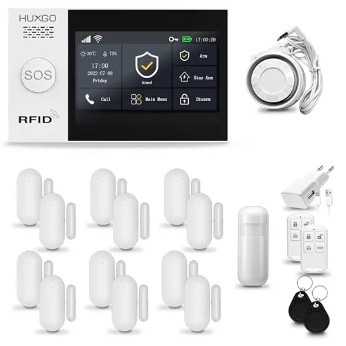 HUXGO® HXA007 Funk Alarmanlage Set WiFi + GSM mit Sirene - Komplettsysteme für Smart Home Security mit 24/7 Kontrolle über die TUYA App, einfache Installation und erweiterbar auf 99 Sensoren für umfassenden Schutz.