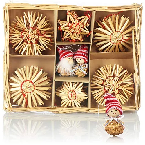 com-four® 28x Strohsterne im Mix-Set - Christbaum-Schmuck - Stroh-Anhänger für den Weihnachtsbaum - natürlicher Christbaum-Behang - Weihnachtsdekoration (28-teilig - Set2)