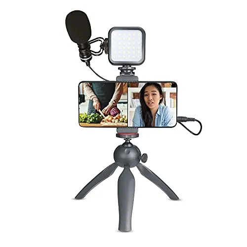 Xqisit Vlogging Kit, Smartphone Stativ mit Hochwertigem Mikrofon, LED Leuchte, 800 Std. Akkulaufzeit, Verstellbares Mini-Stativ für Social Media Fotografie, YouTube Videos, Streaming und mehr