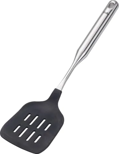 Fissler Pfannenwender Essential mit Aufhängeöse - Hochwertiger Pfannenwender aus Edelstahl 18/10, ideal für empfindliche Lebensmittel. Mit praktischer Aufhängeöse für platzsparende Aufbewahrung in jeder Küche.