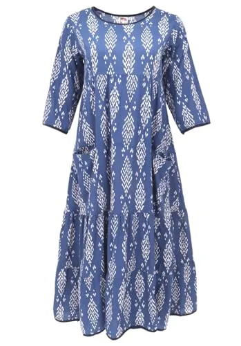 GURU SHOP Boho Sommerkleid Indigo - Damen Baumwolle M - Luftiges wadenlanges Kleid mit praktischen Taschen und gestuftem Rock. Die einfarbigen Abschlüsse setzen schöne Akzente. Der handbedruckte Stoff verleiht jedem Outfit eine lebendige Note.