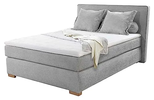 Jockenhöfer Gruppe Boxspringbett ROMY, 140 x 200 cm - Betten mit 7-Zonen-Tonnentaschenfederkernmatratze und Kaltschaum-Topper für optimalen Schlafkomfort, hellgrauer Cordbezug und inklusive Kissenrollen.