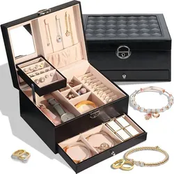 Schmuckkästchen Schmuckschatulle mit 3 Ebenen Schmuckkasten Schmuckaufbewahrung Schmuckkoffer Halsketten Schmuck Ohrringe Armbänder Ringe Retoo - Schwarz