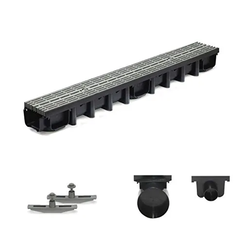 1m Entwässerungsrinne für modulares System A15 98mm, komplett Stegrost Kunststoff, Grau Line