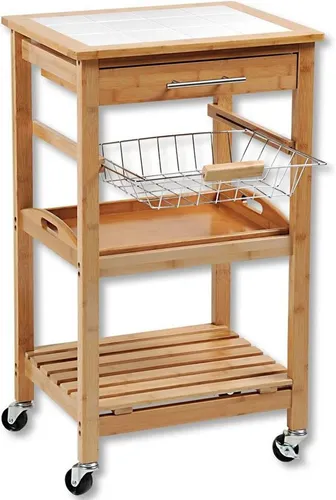 Kesper Küchenwagen - Bambus & Keramik, 48x81x38 cm - Servierwagen aus FSC-zertifiziertem Bambus mit herausnehmbarem Tablett, Metallkorb und Fliesen-Arbeitsfläche. Ideal für Ihre Vorräte, mobil durch 4 Rollen, davon 2 feststellbar.