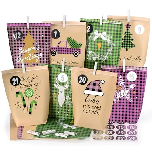 Adventskalender zum Befüllen 2025-24 Papiertüten groß (22x16x6cm) zum Selber füllen - Weihnachtskalender tüten für Kinder & Erwachsene, Wiederverwendbar