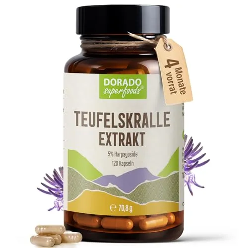 Teufelskralle Extrakt Kapseln Hochdosiert – 490 mg 30:1 Extrakt, 120 vegane Kapseln | Dorado Superfoods® - Hochdosierte Teufelskralle Extrakt Kapseln mit 490 mg pro Kapsel, ideal für eine einfache tägliche Einnahme. Vegan und ohne Zusatzstoffe – für eine bewusste Ernährung. 120 Kapseln bieten 4 Monate Vorrat.