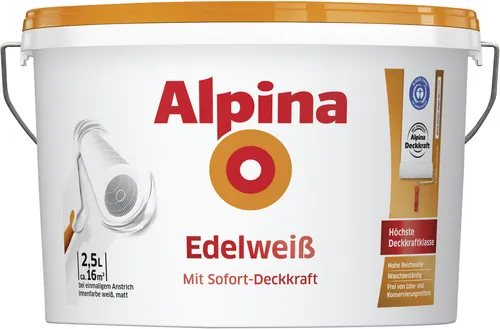 Alpina Edelweiß Wandfarbe weiß matt 2,5 L - Hochwertige Innenfarbe - Hochwertige Wandfarbe für ein mattes Finish, ideal für jeden Raum. Die 2,5 L Packung sorgt für eine gleichmäßige und deckende Anwendung.