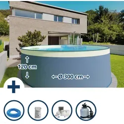 Waterman Rundpool Stahlwandpool Set 300 x 120 cm - Rundpool mit verzinkter Stahlwand und UV-stabiler PVC-Folie, ideal für entspannende Sommertage im Garten. Inklusive Sandfilteranlage für sauberes Wasser und einfache Montage.
